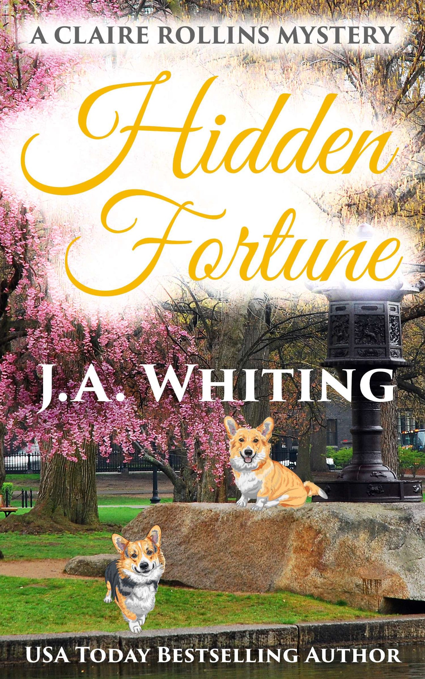 Book cover of 'Hidden Fortune' by J.A. Whiting featuring two dogs and cherry blossoms.