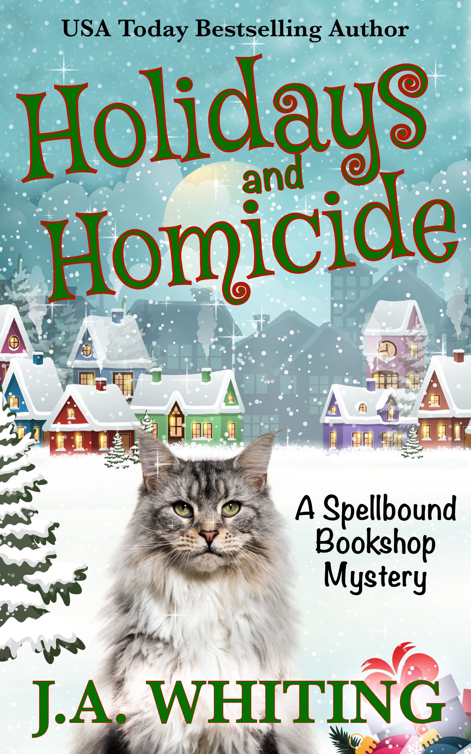 Book cover of 'Holidays and Homicide' featuring a cat in a snowy village scene.