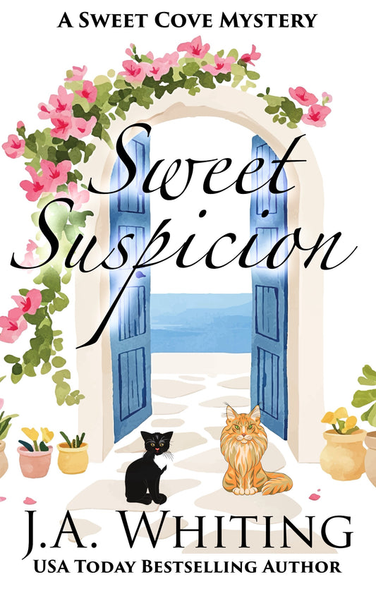 Book cover of 'Sweet Suspicion' featuring a floral arch and two cats.